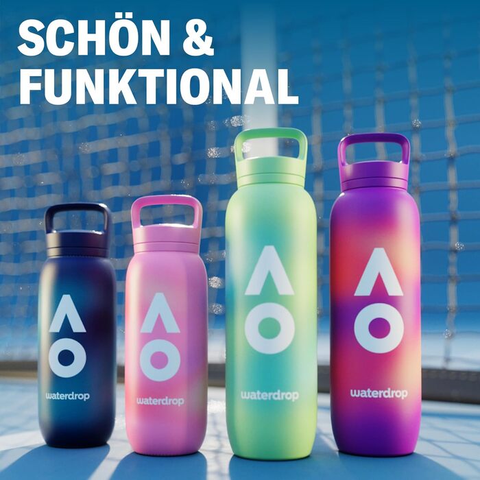 Пляшка для води waterdrop Australian Open 2026 600 мл - Термопляшка з нержавіючої сталі, герметична, зберігає холод 24 години та гарячу 6 годин - Ідеально підходить для спорту, подорожей, офісу, фітнесу, дому, без BPA 0,6 л - Темно-синій градієнт