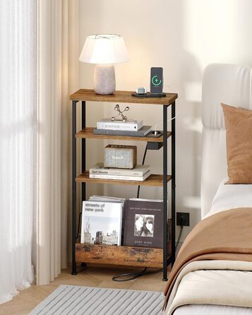 Вузький бічний столик Hzuaneri, 4-ярусний бічний столик для дивана з тримачем для журналів та зарядними розетками, підходить як тумбочка для вітальні або кабінету, вінтажний коричнево-чорний ET40001BEU
