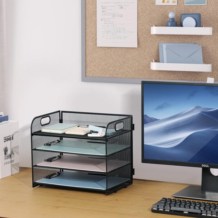 Металевий лоток для листів/документів А4, 4 відділення, лоток для паперу, що штабелюється, система подачі з сітчастою структурою та ручкою, чорний, компактний, 32,8 x 24,7 x 27,6 см, 4 відділення - чорний