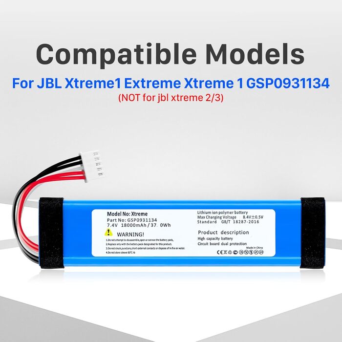 Замінний акумулятор ємністю 18000 мАг для JBL Xtreme 1, сумісний з JBL Xtreme 1, модель GSP0931134, з інструментом для встановлення