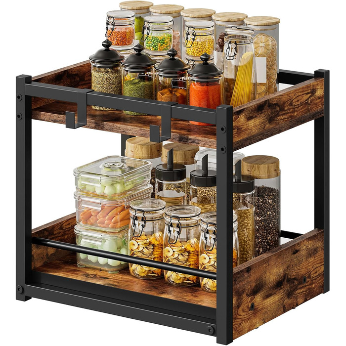 Підставка для спецій HOOBRO, 2-рівнева кухонна полиця, підставка для спецій з висувними лотками та гачками, кухонний органайзер, для кухні, вітальні, спальні, рустикальний коричневий та чорний EBF08TL01