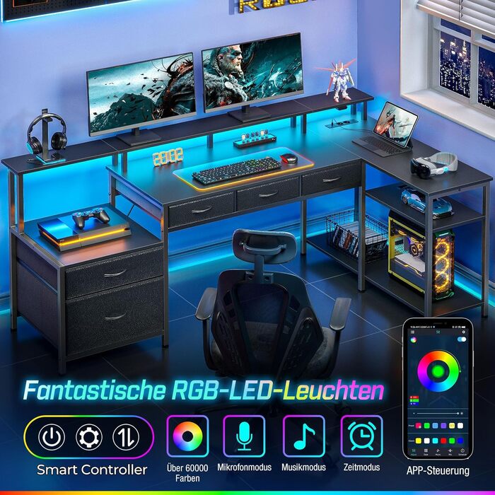 Г-подібний стіл Rolanstar з шухлядами, двосторонній ігровий стіл з розеткою, світлодіодним освітленням та підставкою для монітора, комп&39ютерний стіл 163 см для офісу, кабінету, спальні, чорний
