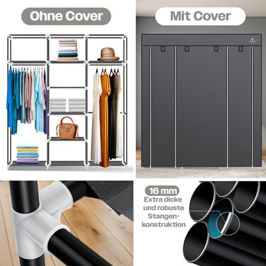 Тканинна шафа KESSER, міцна з вішалкою для одягу та полицями, вкл. 5 вішалок для одягу, тканинна складна шафа для спальні, гардеробна з вішалкою для одягу, 150x45x175 см, антрацит