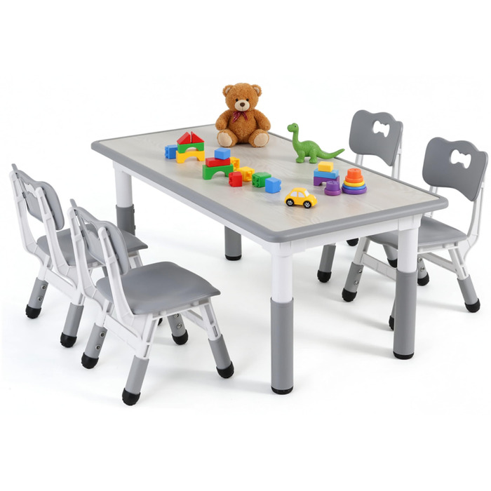 Дитячий комплект столу та стільців MAMIZO з 4 стільцями, регульований по висоті дитячий комплект столу та стільців для дитячого садка та дитячої кімнати, пластикові дитячі меблі, комплект сидінь для хлопчиків та дівчаток від 2 років, сірий 60 x 120 см (4 