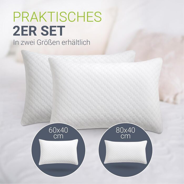 Комплект подушок Juskys з 2 шт. , 40x60 см Подушки з піни з ефектом пам&39яті з дихаючим наповнювачем та чохлом, який можна прати Білий 40 x 60 см