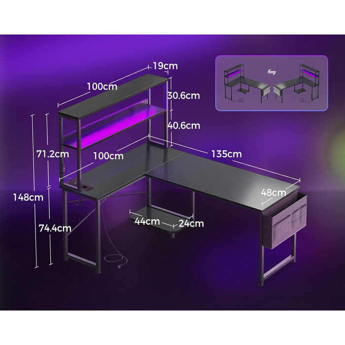 Г-подібний ігровий стіл Coleshome зі світлодіодним освітленням та розетками, 135 x 100 см, двосторонній ігровий стіл з полицями, кутовий стіл із сумкою для зберігання для домашнього офісу та ігор, чорний.