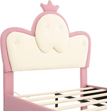 Дитяче м&39яке ліжко Merax 90x200 см зі світлодіодними стрічками, односпальне ліжко для дівчаток, хвилеподібне узголів&39я з вінцем, каркас ліжка з рейковою основою та узніжжям, дитяче ліжко, ПУ, без матраца, рожево-біле 90 x 200 см рожево-біле - зі світл