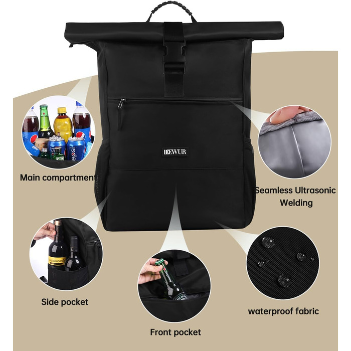 Термальний рюкзак 35 л, рюкзак-холодильник, водонепроникний рюкзак для пікніка з відкривачкою для пляшок, пікніків, кемпінгу, пляжу, походів, подорожей, шопінгу, чорний