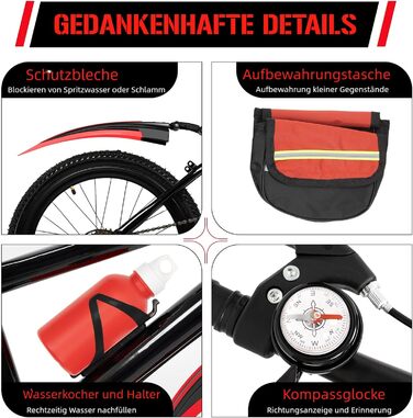 Дюймовий дитячий гірський велосипед для хлопчиків та дівчаток, 7-швидкісний гірський велосипед з бризковиками, пляшкою для води, дзвінком-компасом, вантажопідйомність 85 кг, вік 8-13 років, червоний, 20-