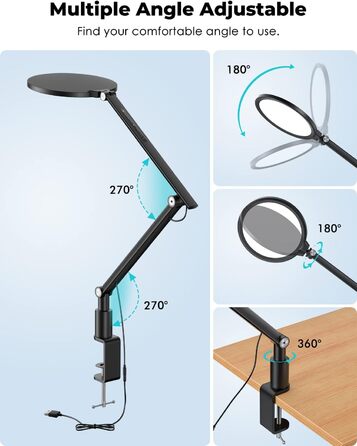 Дюймова світлодіодна настільна лампа з затискачем, поворотний кронштейн, безпечне для очей світло, регулювання яскравості 3 колірні режими та 5 рівнів яскравості, регулювання висоти та кута, алюміній, функція зарядки USB для дому, офісу, читання, 7-