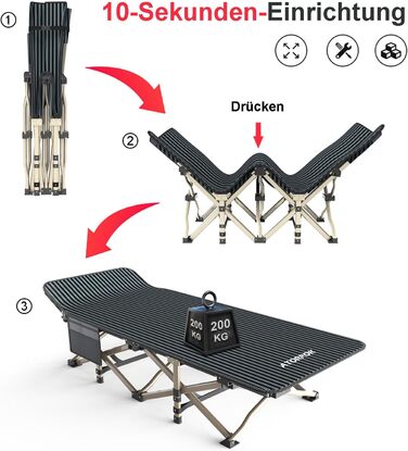 Розкладне ліжко для кемпінгу, розкладне гостьове ліжко до 200 кг, надзвичайно широке розкладне ліжко для використання на свіжому повітрі, в саду та в приміщенні