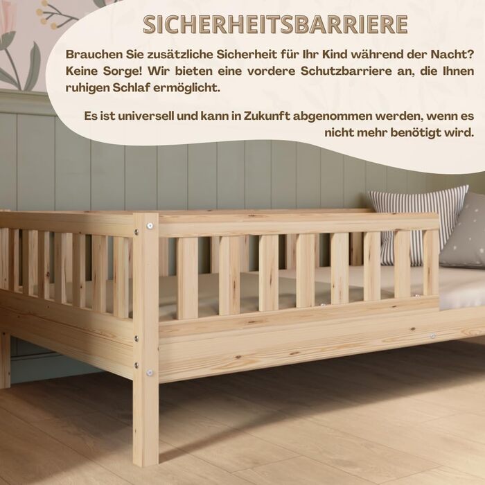 Дитяче ліжко 80x160 см Високе підлогове ліжко Монтессорі з дерева із захистом від падіння Безпечне дитяче ліжко Скандинавський дизайн, легке складання Crazy Basic 160 x 80 см Натуральне дерево Високе