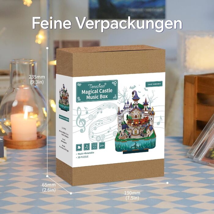 Музична шкатулка Tonecheer Дерев'яний 3D-пазл, набір моделей сім'ї котів своїми руками для дорослих, обертова музична шкатулка, дерев'яна головоломка Подарунки для прикраси будинку Подарунок на день народження Різдвяний підліток (Чарівний замок)