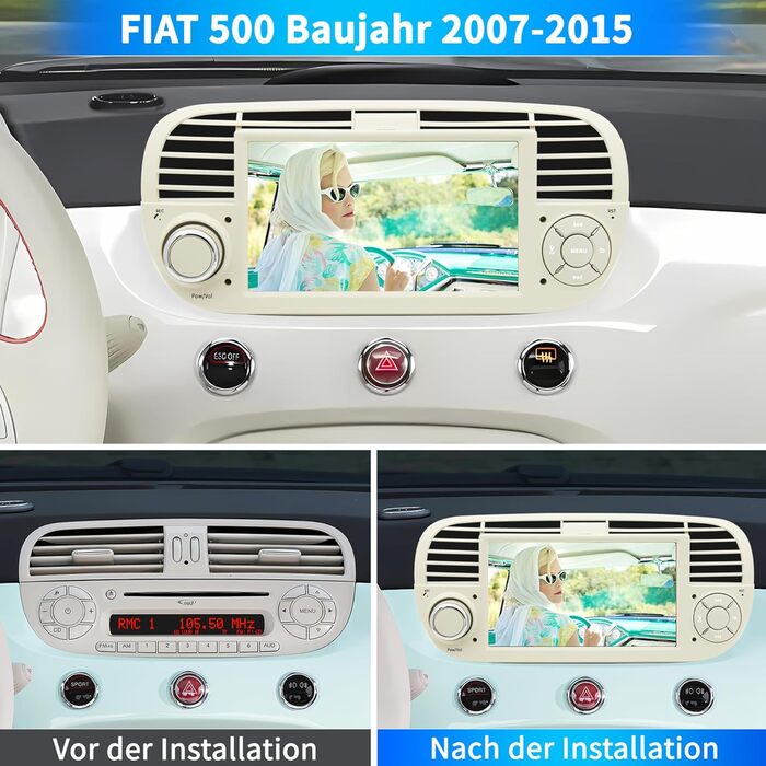 Автомобільна радіо для FIAT 500 2007 2008 2009 2010 2011 2012 2013 2014 2015, система Android 12 2G64G з GPS-навігацією CarPlay Android Auto, 7-дюймовий сенсорний IPS-екран Wi-Fi Bluetooth FM-радіоприймач