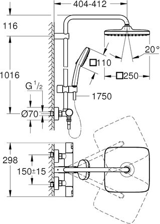 Душова система GROHE Vitalio 250, водозаощаджувальна (8 л/хв), з термостатом, поворотним тропічним душем, блокуванням при 38C та системою проти вапняного нальоту, квадратна, хром, 26696001