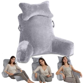 Подушка для читання на ліжко, 90 x 80 см (ДxВ), XXL спинна подушка для диванів для дорослих з підлокітниками та знімним потиличним валиком, спинка для читання з кишенею для ліжка, дивана, підлоги та стільця, світло-сіра