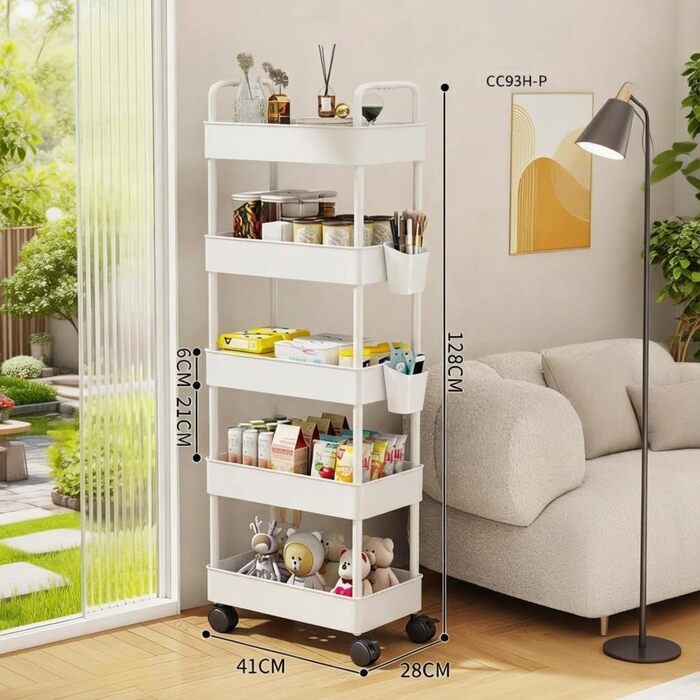Візок на колесах, кухонний візок, кухонна полиця, нішева полиця з колесами, що обертаються на 360, сталева рама, 5-ярусний сервірувальний візок для ванної кімнати, кухні, офісу, 41 x 28 x 128 см, білий
