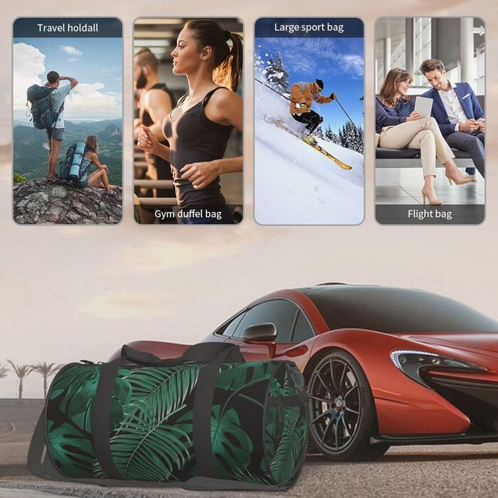 Спортивна сумка для подорожей, принт Листя банана, зелений малюнок, чорний колір, універсальний розмір