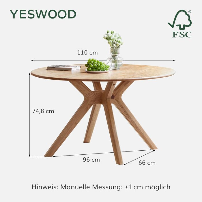 Обідній стіл з масиву дуба, круглий стіл 120 см, без шпону, сучасний кухонний стіл, круглий обідній стіл, міцний, обідні столи для 4-6 осіб, 120x120x74,8 см, натуральний колір