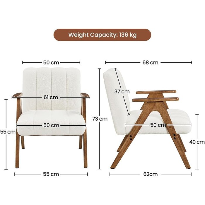 Крісло Yaheetech з вигнутою спинкою з тканини букле, крісло для відпочинку з підлокітниками, крісло з дерев&39яними ніжками для вітальні/спальні, м&39яке крісло під телевізор, міцний каркас, вантажопідйомність до 136 кг, білий колір