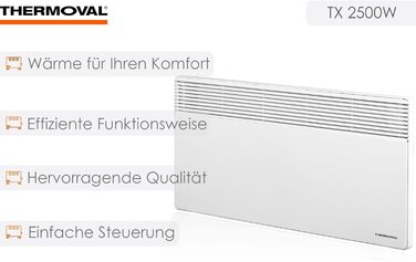 Електричний конвектор Thermoval, електричний радіатор TX 2500, 2,5 кВт, IP20, окремостоячий або настінний електричний обігрівач, електричне опалення для житлових та офісних приміщень, конвекторний обігрівач, білий