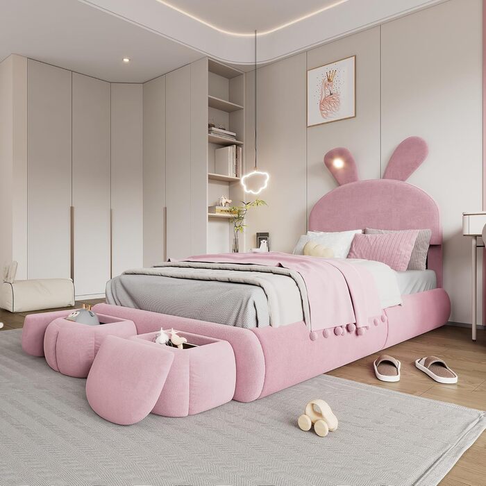 М&39яке ліжко 90x200 см, дитяче ліжко з 2 табуретами для зберігання речей та світлодіодним приліжковим освітленням, розкладні вушка зайчика, каркас ліжка зі світлодіодним освітленням для дівчаток, дитяче ліжко з рейковою основою, оксамит, рожевий, без мат