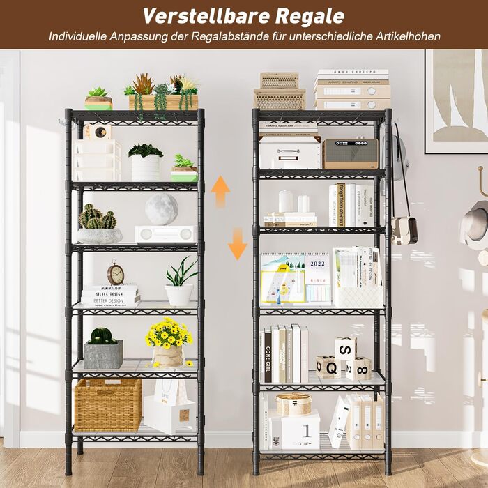 Полиця для зберігання, металева полиця - з 6 полицями, окремостояча кухонна полиця з регульованими по висоті полицями та ніжками (35,5 Г x 60 Ш x 180 В см)