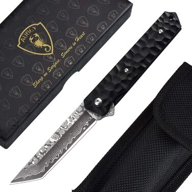 Кишеньковий ніж з дамаської сталі AUBEY, складаний ніж танто з дамаської сталі чорний, дамаський ніж в японському стилі, одноручни