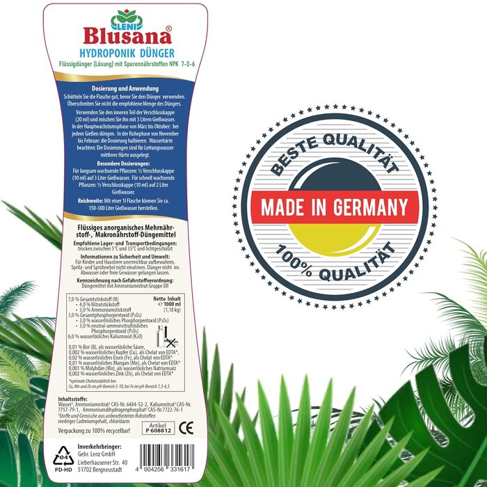 Гідропоніка та гідрокультура добриво XL пляшка 1л NPK 7-3-6 рідке добриво для кімнатних рослин, фруктів та овочів у живильному розчині здоровий ріст і багатий урожай