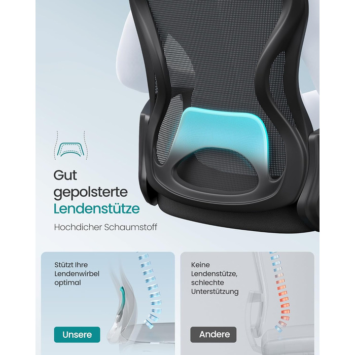 Ергономічне офісне крісло SONGMICS, обертове крісло з сітчастою тканиною, робоче крісло з поперековою опорою, функція гойдання, підлокітники, для кабінету, спальня, чорний колір OBN043BH02