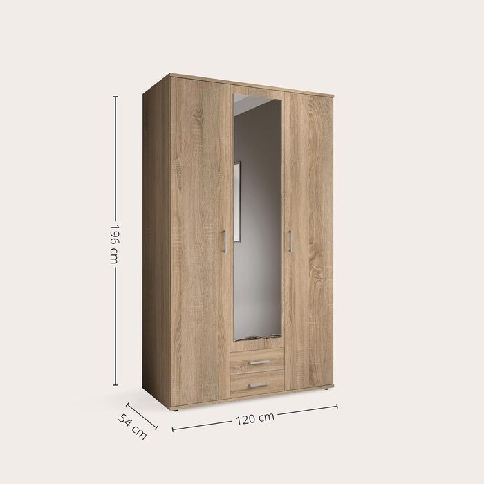 Елегантна 3-дверна шафа з великою кількістю місця для зберігання - Багатофункціональна шафа, дуб сонома, з дзеркальними дверима - 120 x 195 x 55 см, дуб сонома, 3-дверна, одинарна