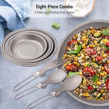 Набір кемпінгових тарілок 8-в-1 з 5 титановими каструлями та складною виделкою, ложкою, легким посудом, столовими приборами для барбекю, кухні, походів, пікніка