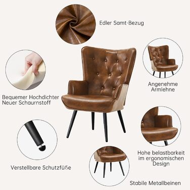 Крісло з відкидною спинкою, крісло для вітальні, реклайнер у скандинавському стилі, штучна шкіра з високою спинкою, крісло для відпочинку, м&39яке крісло для вітальні, спальні, кабінету, гостьової кімнати, коричневе