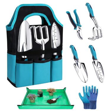 Набір садових інструментів Auvstar, 7 предметів лопатка, граблі, секатор та інше для догляду за садом. З міцним чохлом для зберігання та килимком для пересадки рослин. Ідеальний подарунок для садівників та садівниць