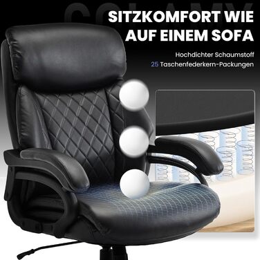 Крісло керівника COLAMY XXL 181 кг - Офісне крісло зі шкіри з високою спинкою, регульованими підлокітниками та структурованою спинкою - Надзвичайно широке сидіння (59 см) для домашнього офісу та офісу, Чорний Black-002 Oversized