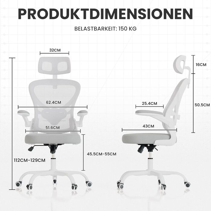 Офісне крісло, сітчасте офісне крісло, комп&39ютерне крісло з відкидними підлокітниками, письмове крісло з регульованою поперековою опорою, ергономічне крісло для офісу та дому (біле)