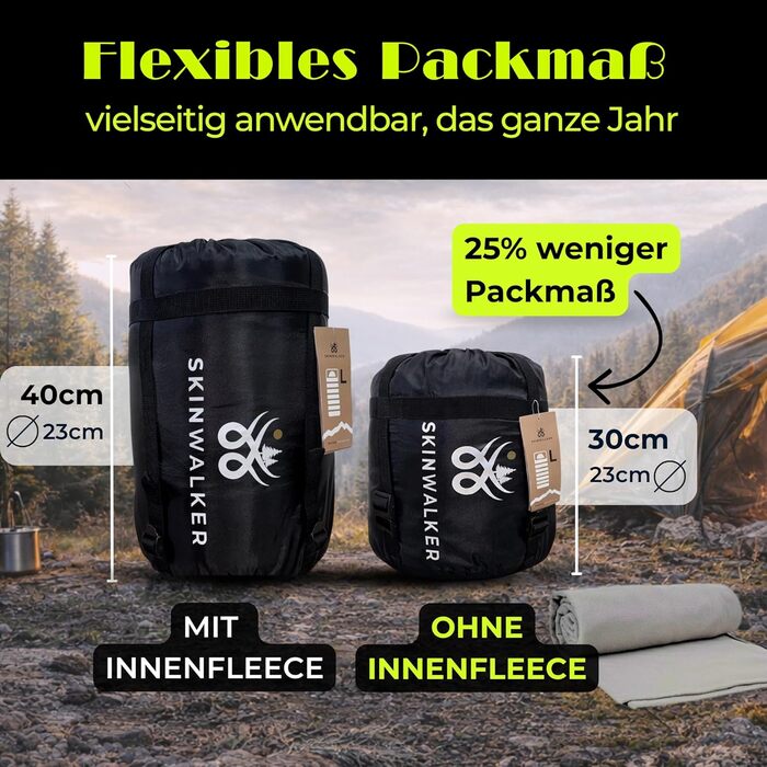 Спальний мішок SkinWalker Маленький розмір, висота до 1,70 м 3-4 сезони зі знімним флісом подушка від -18C до 15C Зимовий Літній ковдра, спальний мішок для кемпінгу, молодіжний, зелений