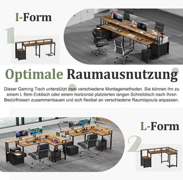 Кутовий письмовий стіл YOUDENOVA з шухлядами, L-подібний, 168x100 см, ігровий стіл зі світлодіодним підсвічуванням, комп&39ютерний стіл з розеткою та портом зарядки USB, офісний стіл, коричневий, 168*100*88,5 см, вінтажний коричневий