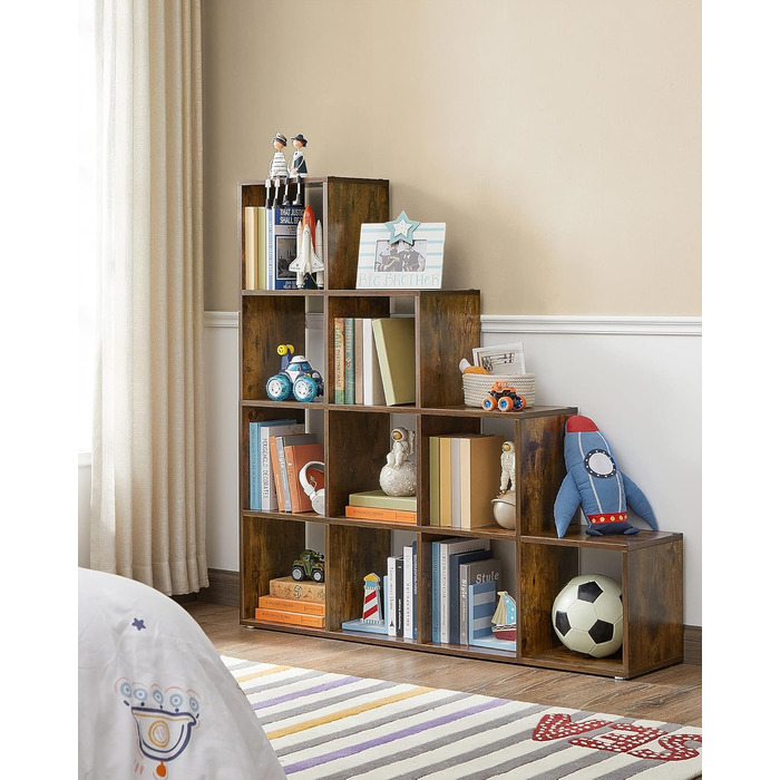 Відкрита книжкова полиця з 10 відділеннями, багаторівнева полиця, система зберігання для декору, фотографій, рослин, вітальня, спальня, кабінет, 29 x 129,5 x 129,5 см, вінтажний коричневий LBC10BX