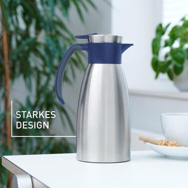 Ізольований графин Emsa Soft Grip, 1 літр, нержавіюча сталь, зберігає напої гарячими протягом 12 годин холодними протягом 24 годин, герметичний, нековзка ручка, синій, N4120100