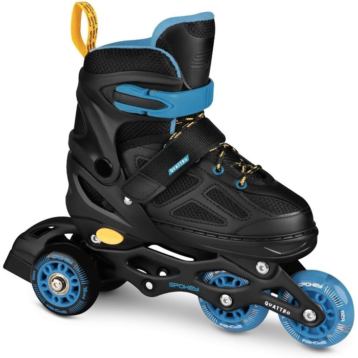 Набір SPOKEY Quattro 4-в-1 Роликові ковзани/Роликові ковзани/Трискейти/Ковзани для льоду, РЕГУЛЬОВАНІ для дітей та підлітків Роликові ковзани, що трансформуються в роликові Розміри 30-33, 34-37, 38-41 Чорний/Синій 34-37