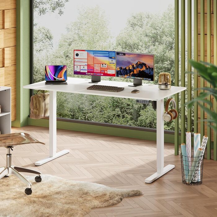 Стіл з регульованою висотою 140 x 70 см з цільною стільницею та тихим двигуном, стіл для роботи сидячи та стоячи з функцією пам&39яті для 3 положень висоти, ергономічний комп&39ютерний стіл для офісу, білий 140x70 см