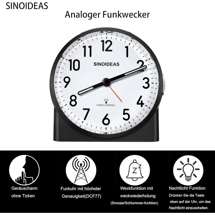 Радіокерований будильник, аналоговий радіокерований будильник без цокання, з нічником та функцією повтору будильника, потрібна 1 батарейка типу АА 1,5 В (не входить до комплекту) (чорний)