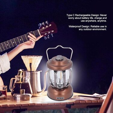 Ретро-світлодіодний кемпінговий ліхтар, тип C, акумуляторний, вінтажний кемпінговий ліхтар, портативні кемпінгові ліхтарі та ліхтарі, 3 режими, з регульованою яскравістю, з гачком, світлодіодний наметовий ліхтар для саду (коричневий)