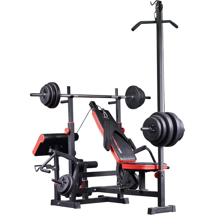 Багатофункціональна силова лава Train Hard з силовою станцією для тяги ширшого хвата, дисками вагою від 90 до 150 кг, штангою та комплектом штанг, що складається зі штанги, гантелей та грифа для згинань рук штанги 100 кг, гантелей та грифа для згинань рук