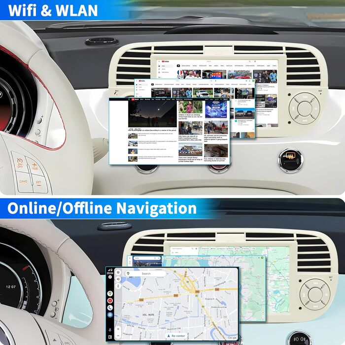 Автомобільна радіо для FIAT 500 2007 2008 2009 2010 2011 2012 2013 2014 2015, система Android 12 2G64G з GPS-навігацією CarPlay Android Auto, 7-дюймовий сенсорний IPS-екран Wi-Fi Bluetooth FM-радіоприймач