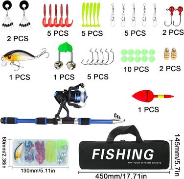 Рибальський набір для дітей, дитячий стартовий набір для риболовлі 1,8 м, набір вудок для дітей з рибальською котушкою та набором приманок, телескопічні вудки та котушка з вуглецевого волокна, рибальські аксесуари для дітей віком 3-10 років, синій