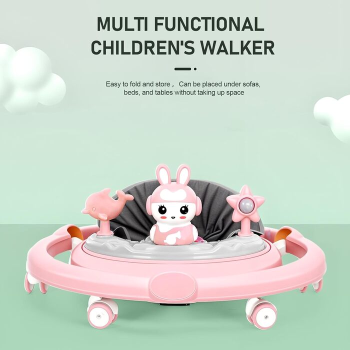 Дитячі ходунки 3 в 1 з килимком на підлозі, шасі з 6 коліс та захистом від перекидання, регульована висота, ходунки з музичним підносом та іграшками, складаються для зручного зберігання, ідеально підходять для хлопчиків, рожеві