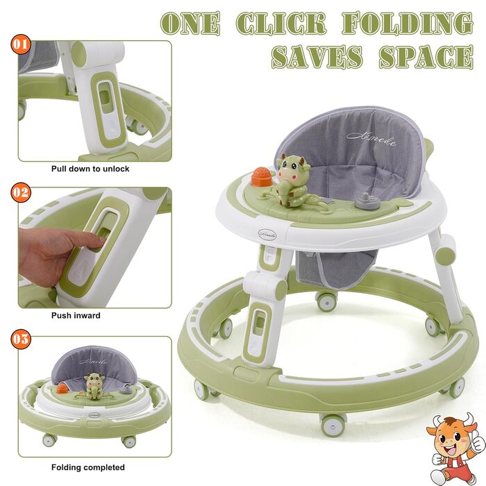 Дитячі ходунки 3-в-1, регульовані по висоті та складані, із захистом від перекидання та 7 рівнями регулювання висоти, для дітей від 6 місяців з тихими колесами, що обертаються на 360, лотком та ігровим центром