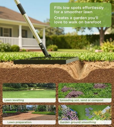 Вирівнювач для газону 75x25 см з регульованою ручкою, граблі-рівняльник з нержавіючою сталевою ручкою 180 см, міцний та енергозберігаючий вирівнювач для саду, подвір'я, гольф-поля, легке вирівнювання піску та ґрунту 75 x 25 см